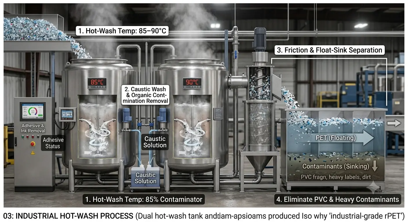 Industrial Hot-Wash PET recycling process at 85-90°C