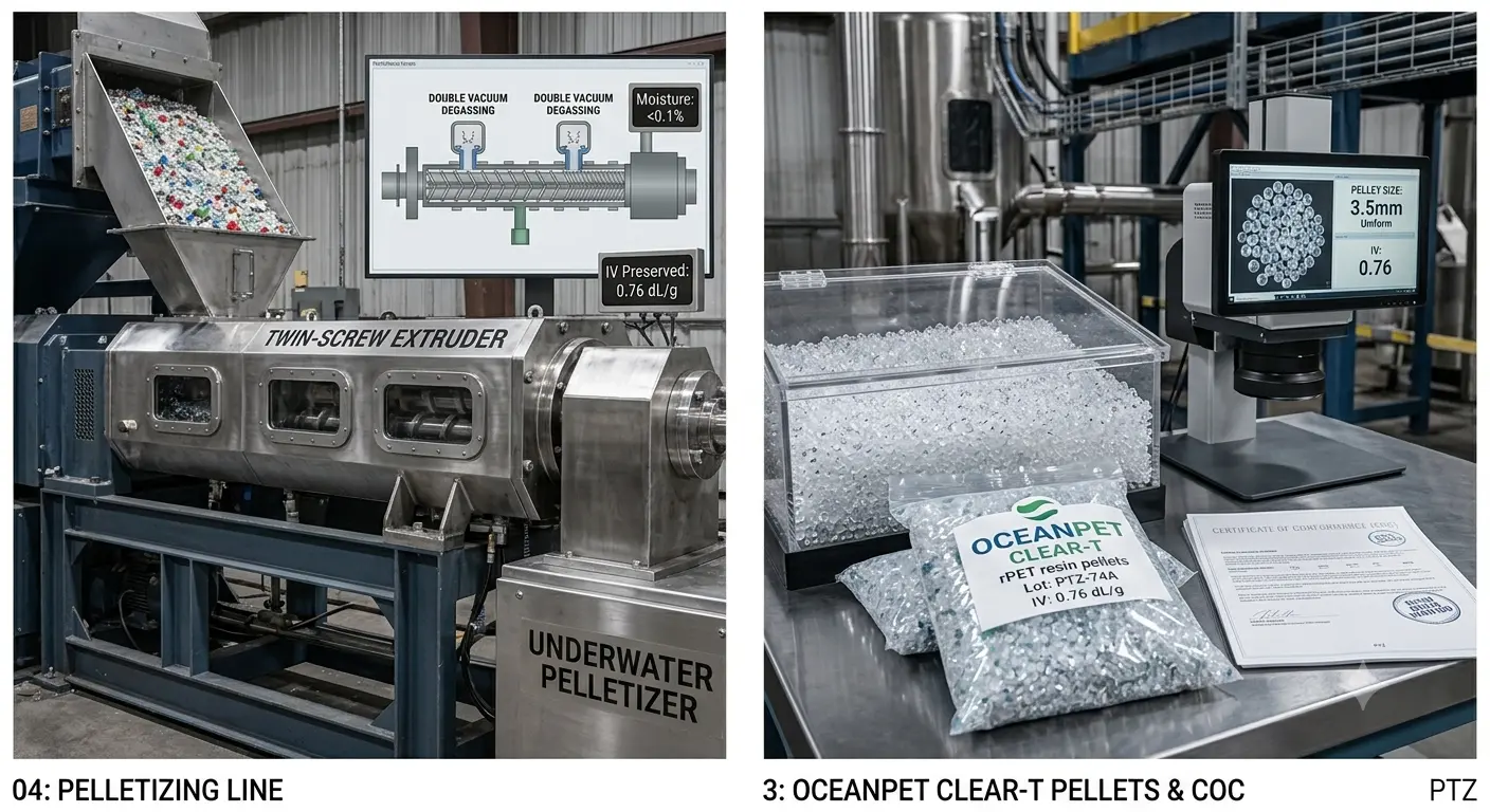 rPET pelletizing line producing OCEANPET CLEAR-T spherical pellets