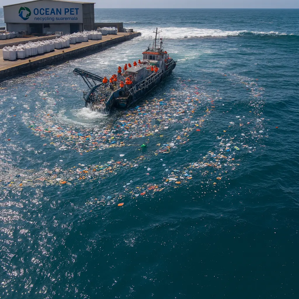 Ocean waves with plastic waste being collected for recycling at OCEANPET Guatemala facility